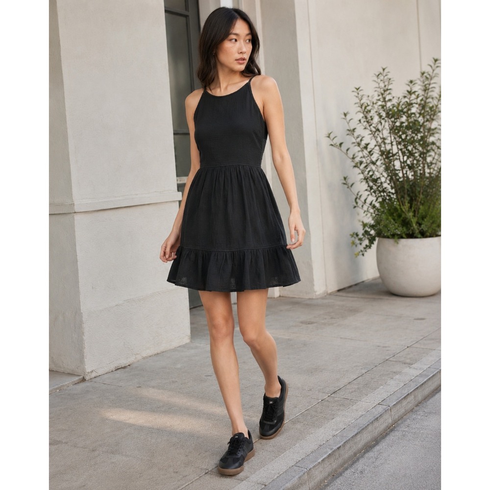 Aritzia Sunday Best Veruca Open Back Organic Cotton Gauze Mini Dress Black M